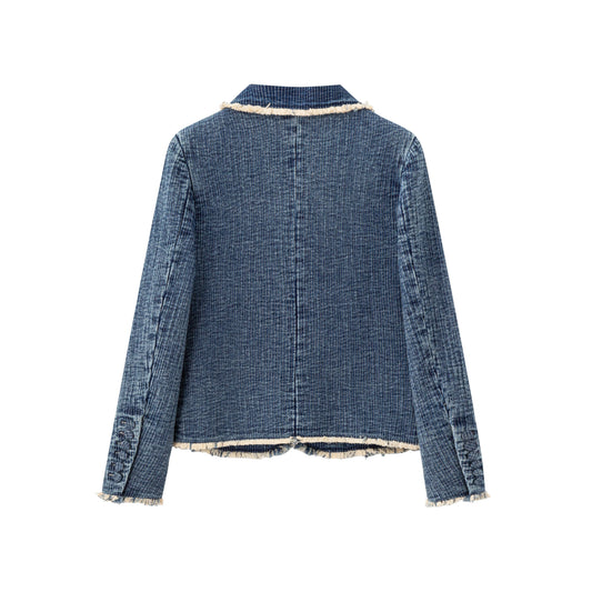 Raw Edge Notch Collar Blazer - Washed Denim Tweed