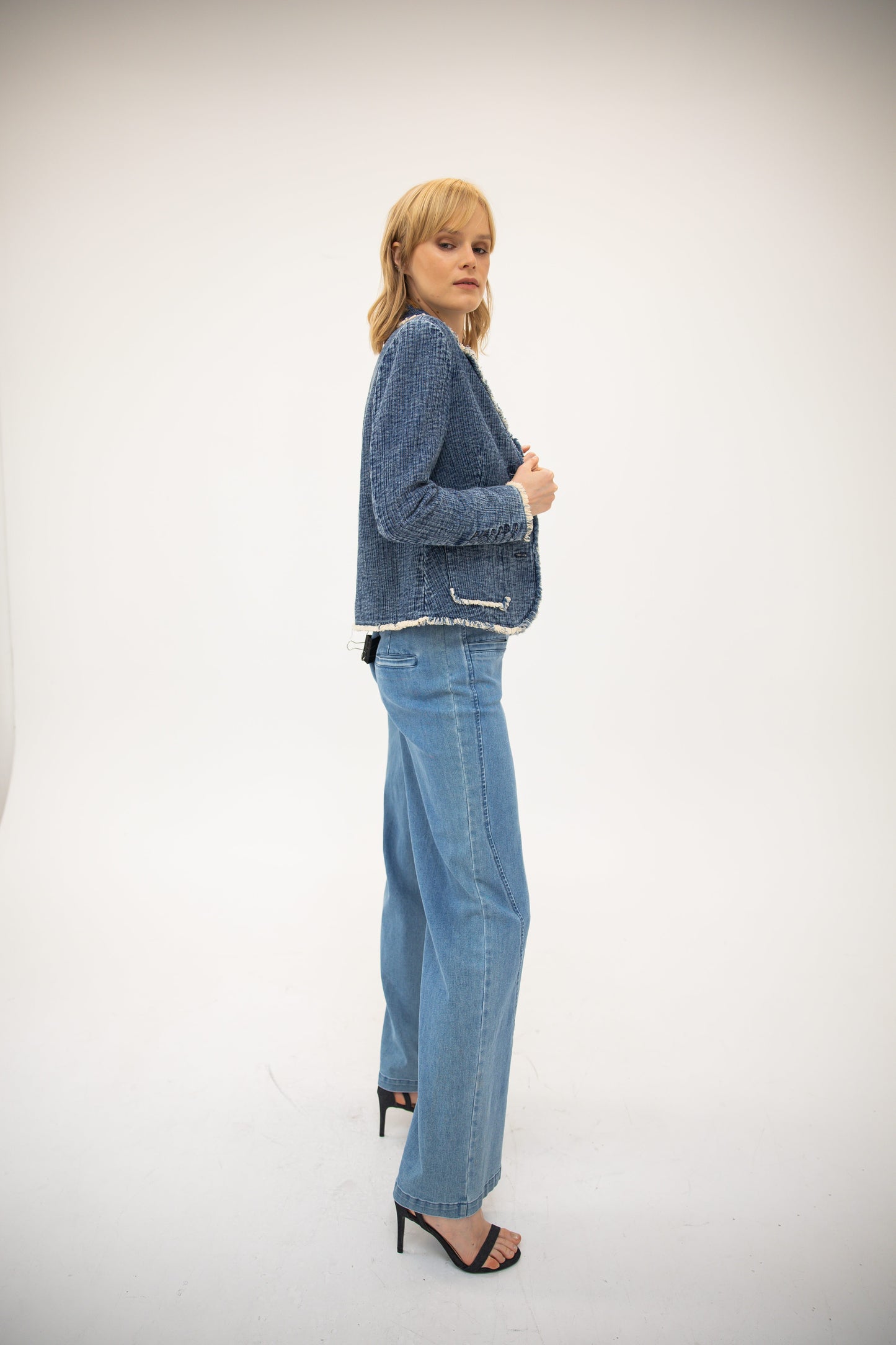 Raw Edge Notch Collar Blazer - Washed Denim Tweed