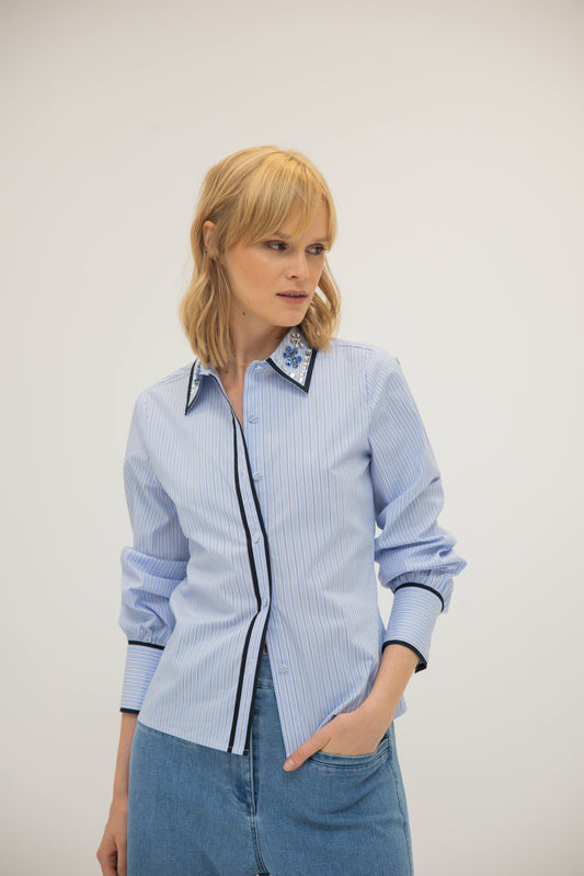 Stripe Shirt w/ Piping & Stones - Bankers Stripe In Blue