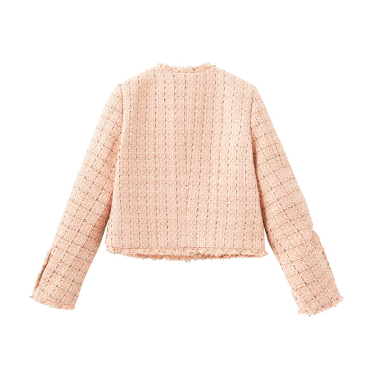 Raw Edge Collarless Jacket Tweed - Tea Rose