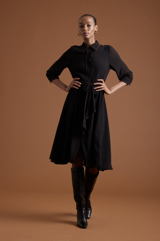 Margaret Chiffon Dress - Black w/Chocolate Piping