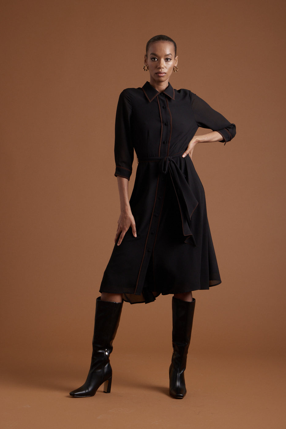 Margaret Chiffon Dress - Black w/Chocolate Piping