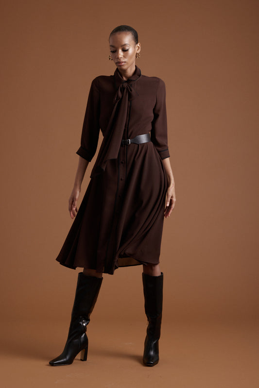 Margaret Chiffon Dress - Chocolate w/ Black Piping