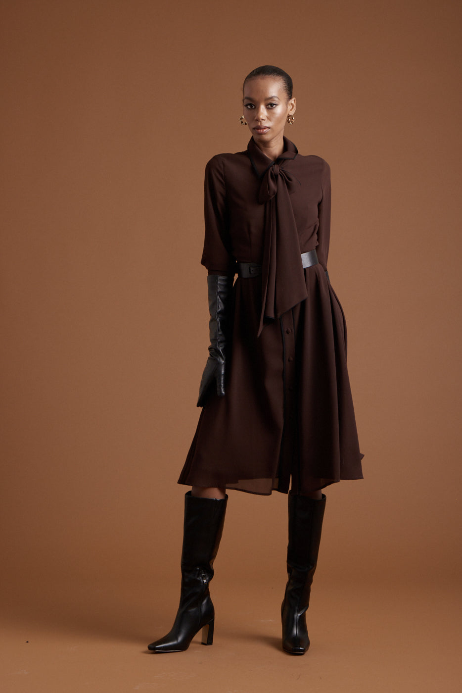 Margaret Chiffon Dress - Chocolate w/ Black Piping