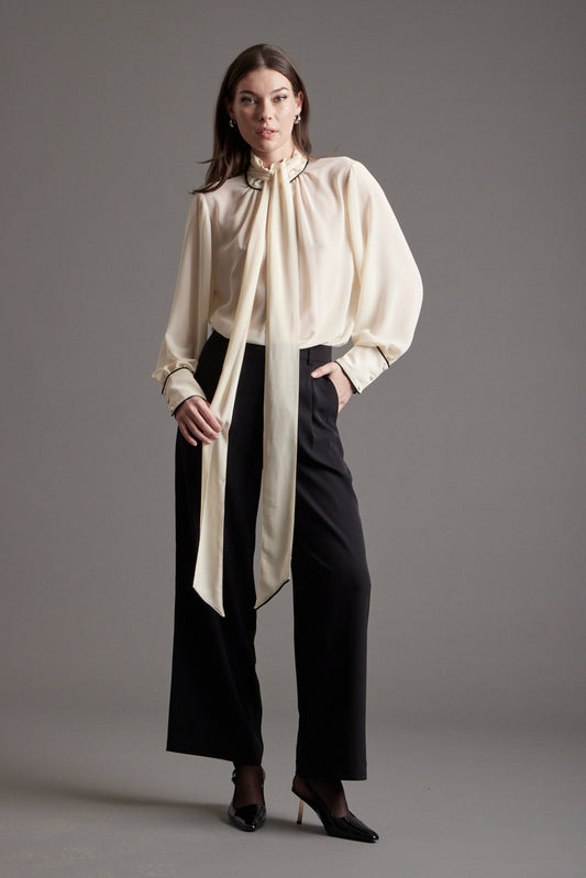 Gabriella Blouse - Ivory w/Black Piping