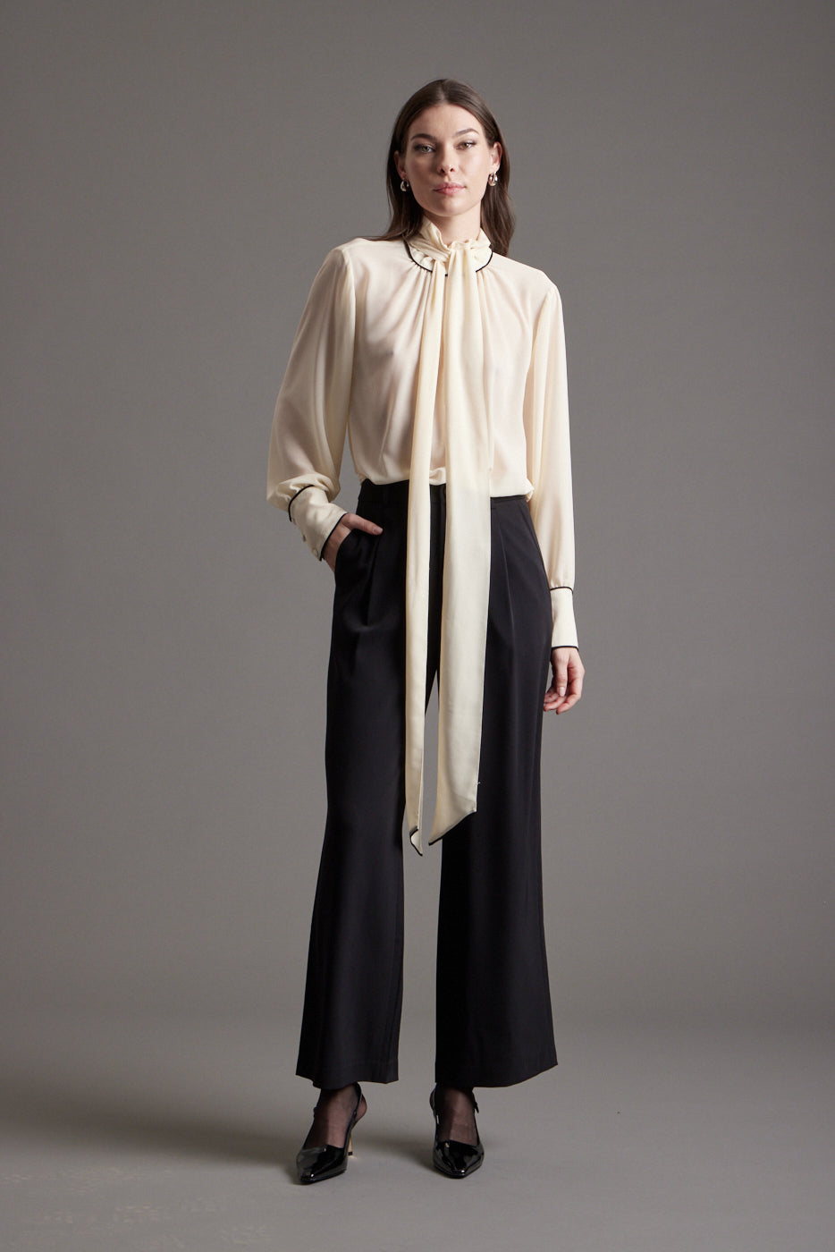 Gabriella Blouse - Ivory w/Black Piping