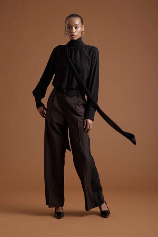 Gabriella Blouse - Black w/ Chocolate Piping