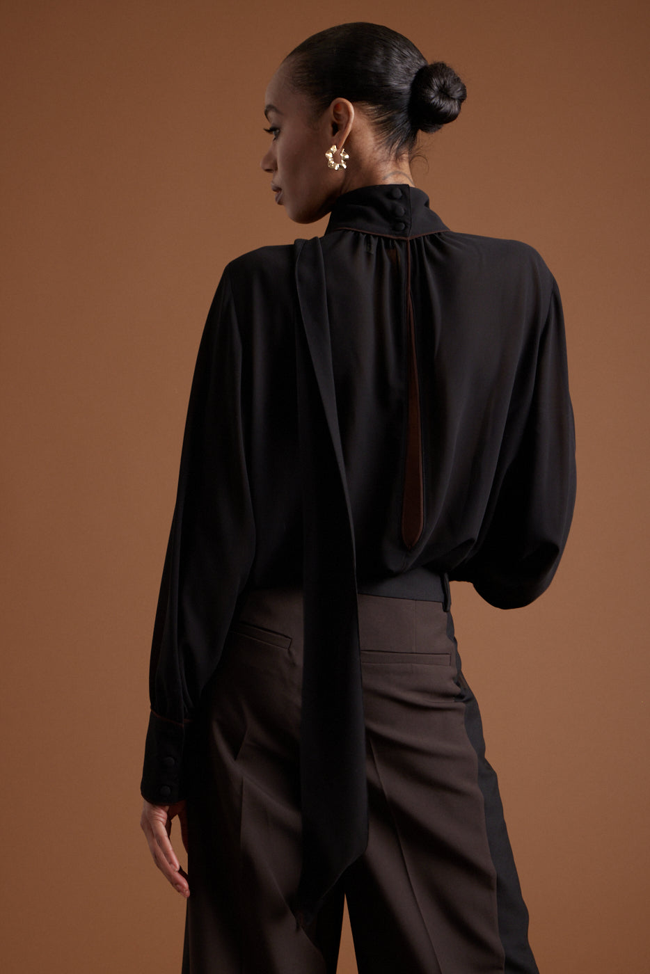 Gabriella Blouse - Black w/ Chocolate Piping