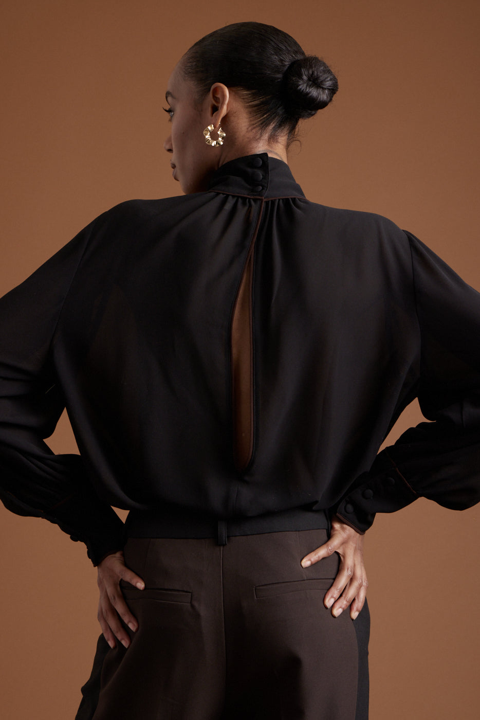 Gabriella Blouse - Black w/ Chocolate Piping