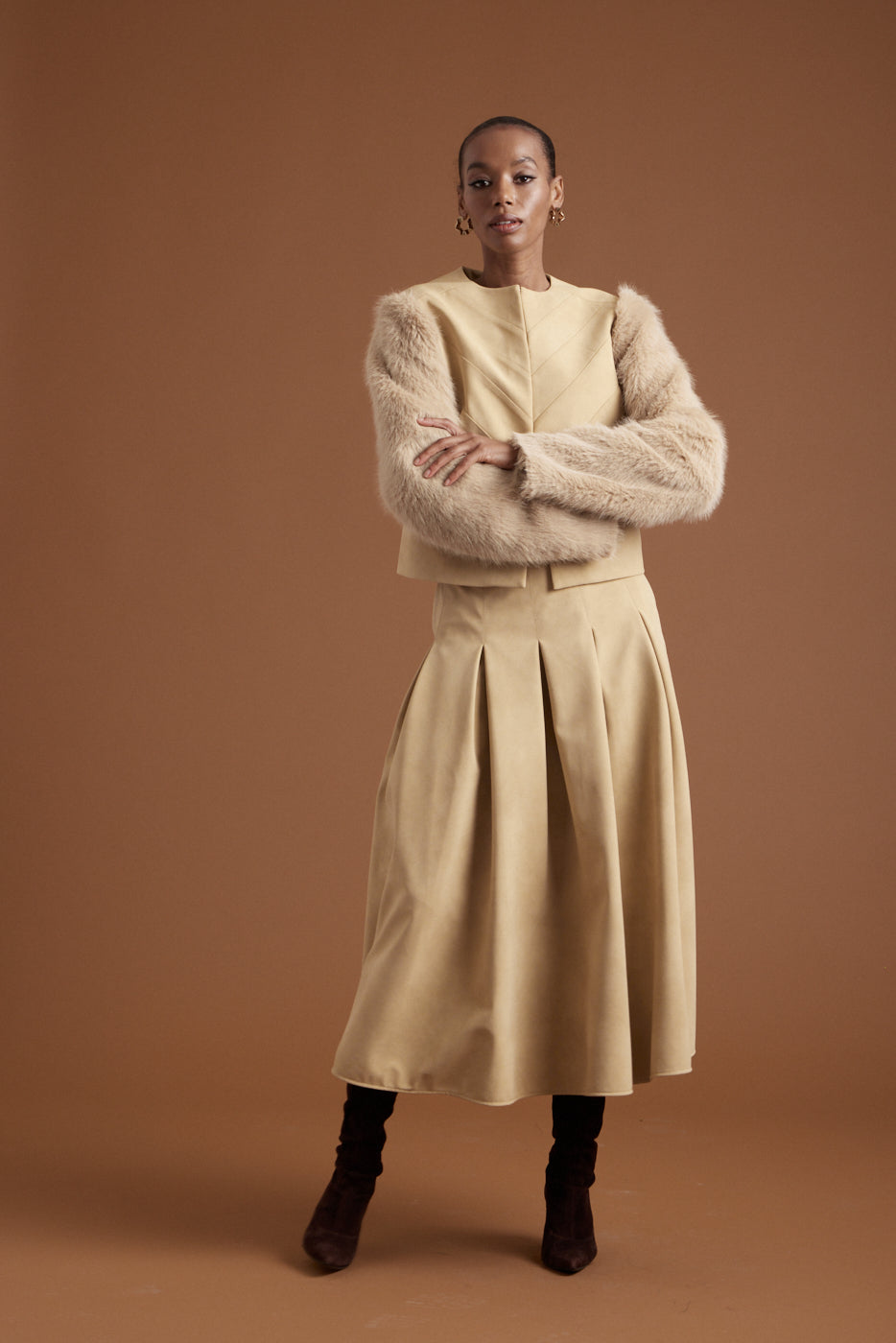 Brooke Suede Jacket w/Faux Fur Suede Sleeves - Butter