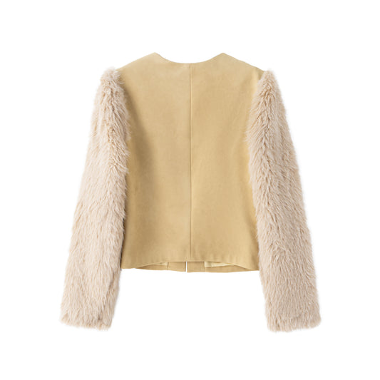 Brooke Suede Jacket w/Faux Fur Suede Sleeves - Butter