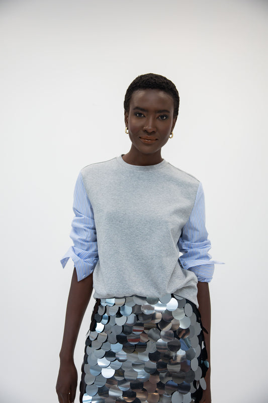 Sweatshirt w/ Banker Stripe Sleeves - Heather Grey