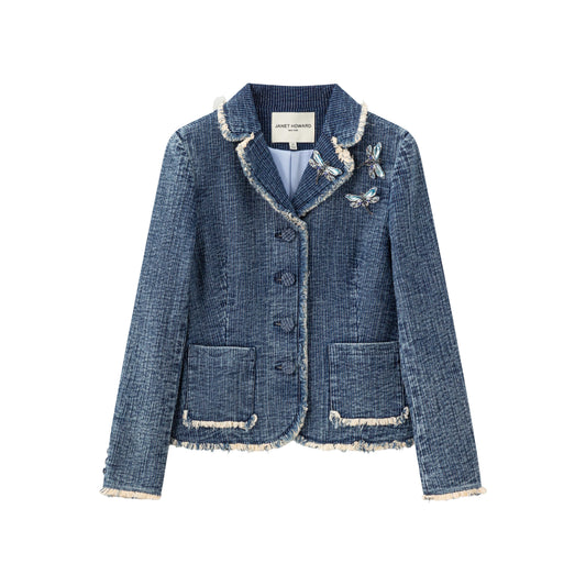 Raw Edge Notch Collar Blazer - Washed Denim Tweed