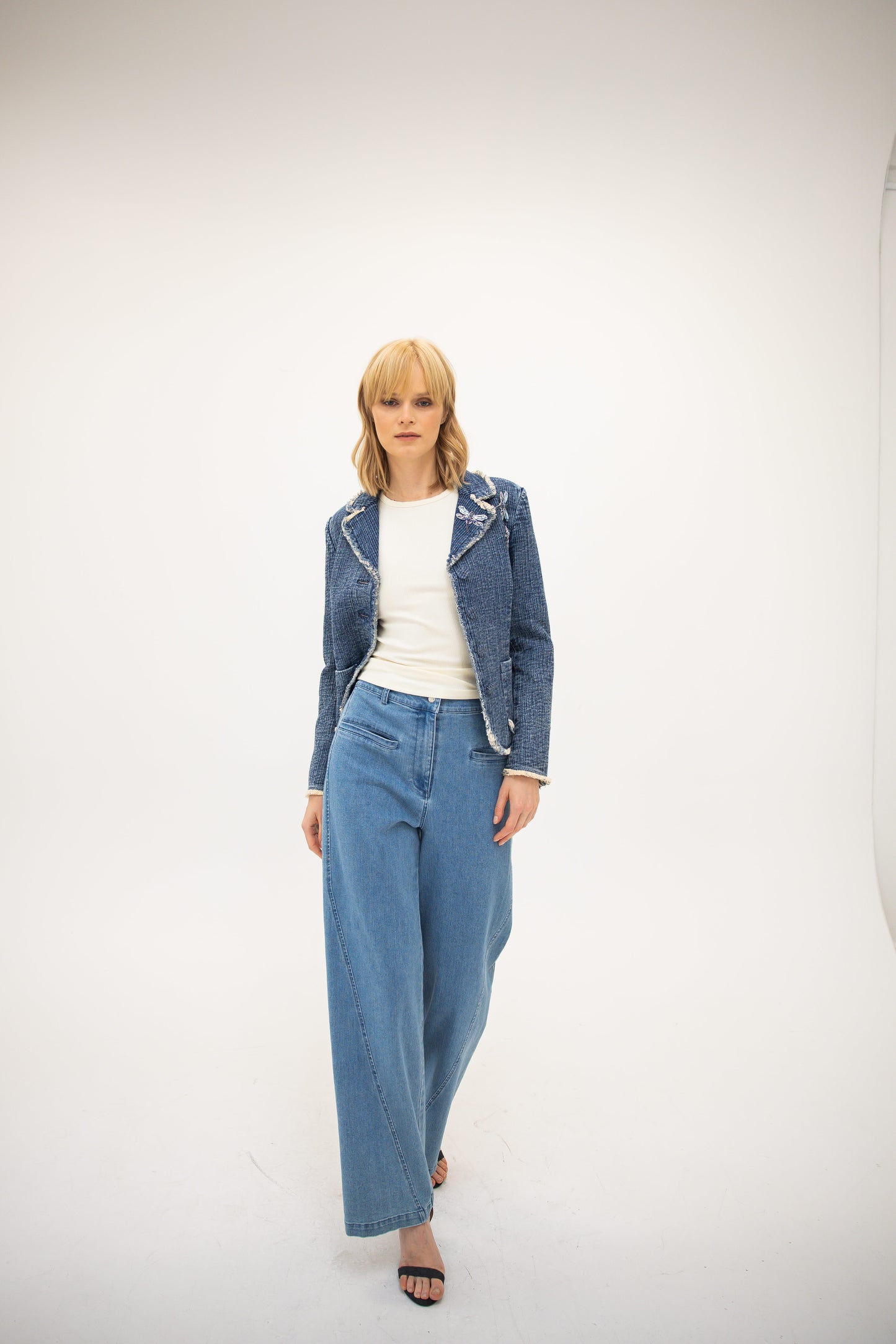 Raw Edge Notch Collar Blazer - Washed Denim Tweed