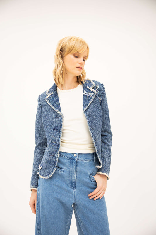 Raw Edge Notch Collar Blazer - Washed Denim Tweed