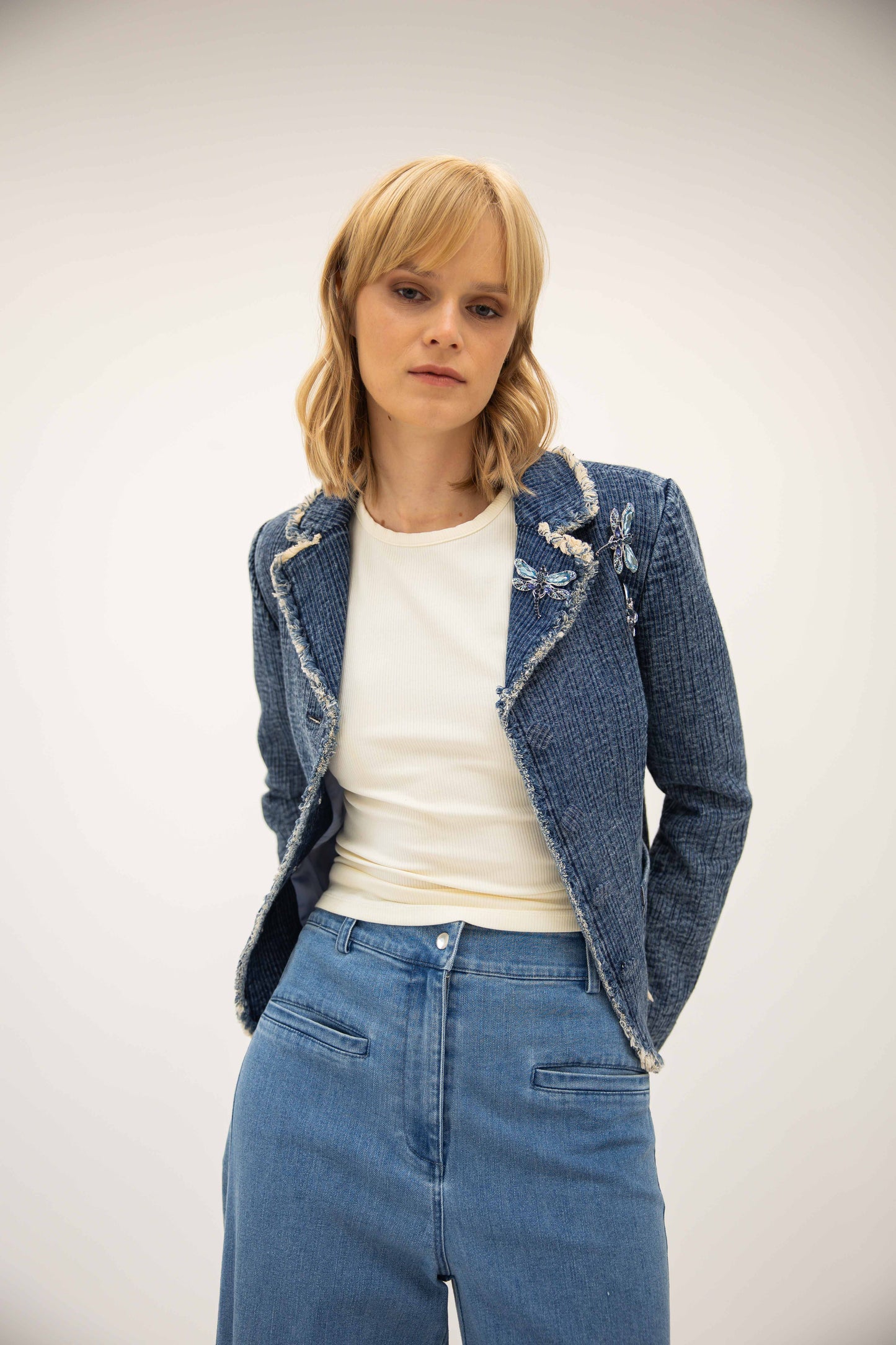 Raw Edge Notch Collar Blazer - Washed Denim Tweed