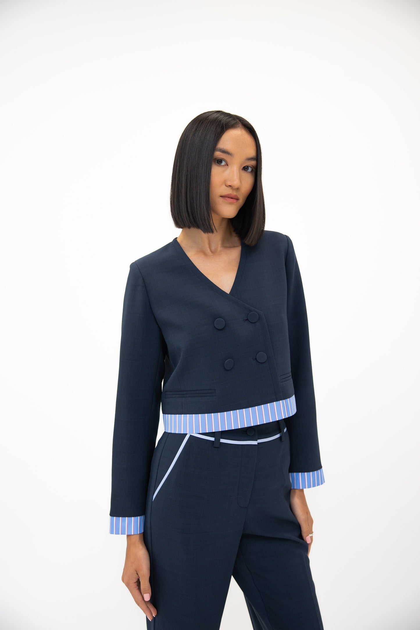 Double Breasted Collarless Blazer - Ink