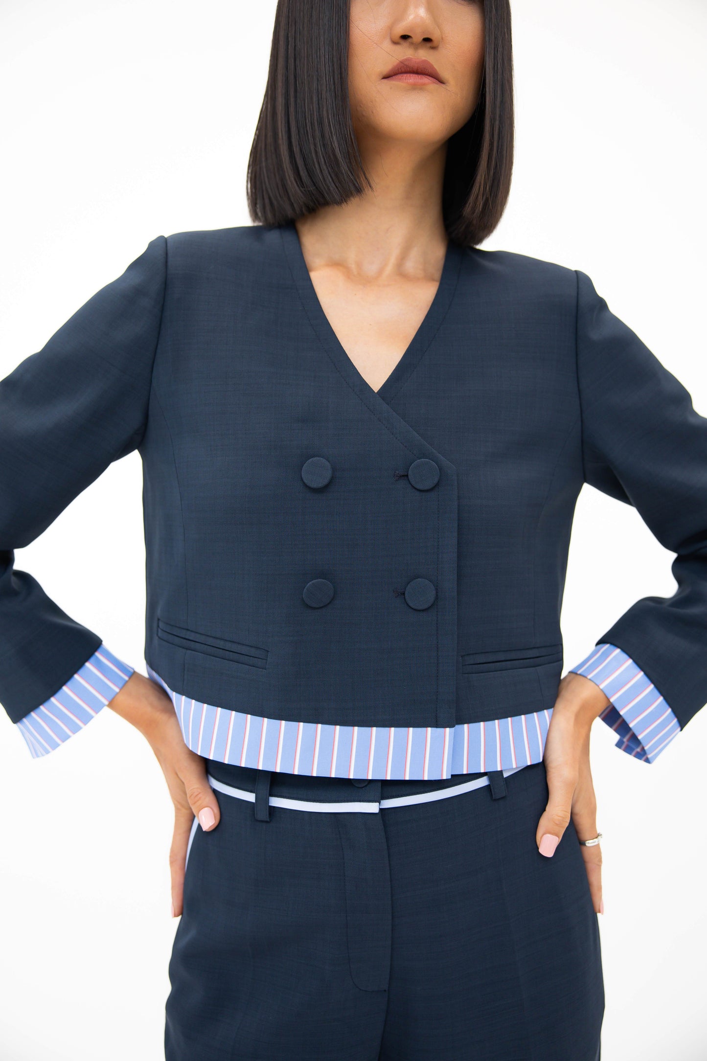 Double Breasted Collarless Blazer - Ink