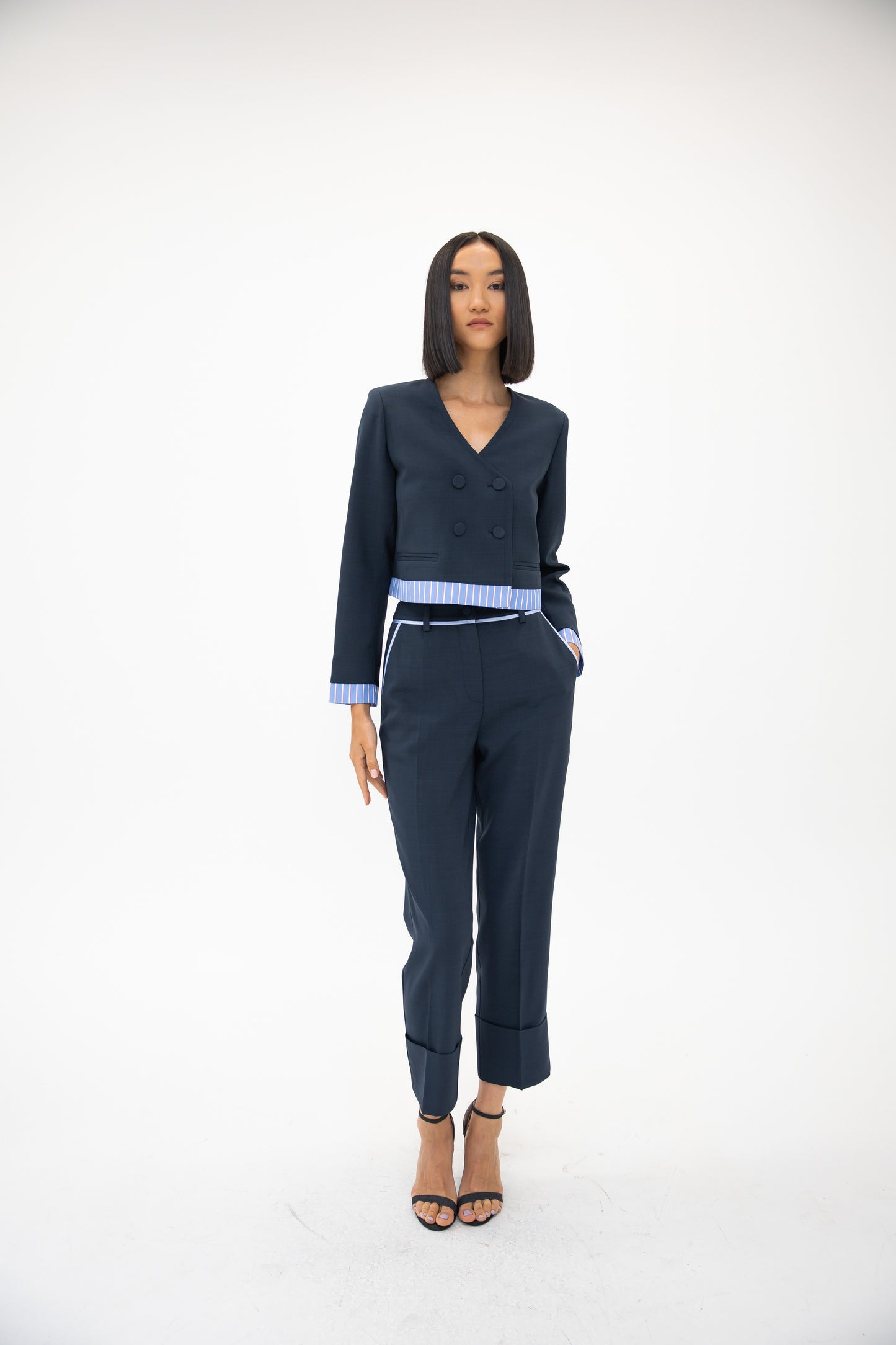 Double Breasted Collarless Blazer - Ink