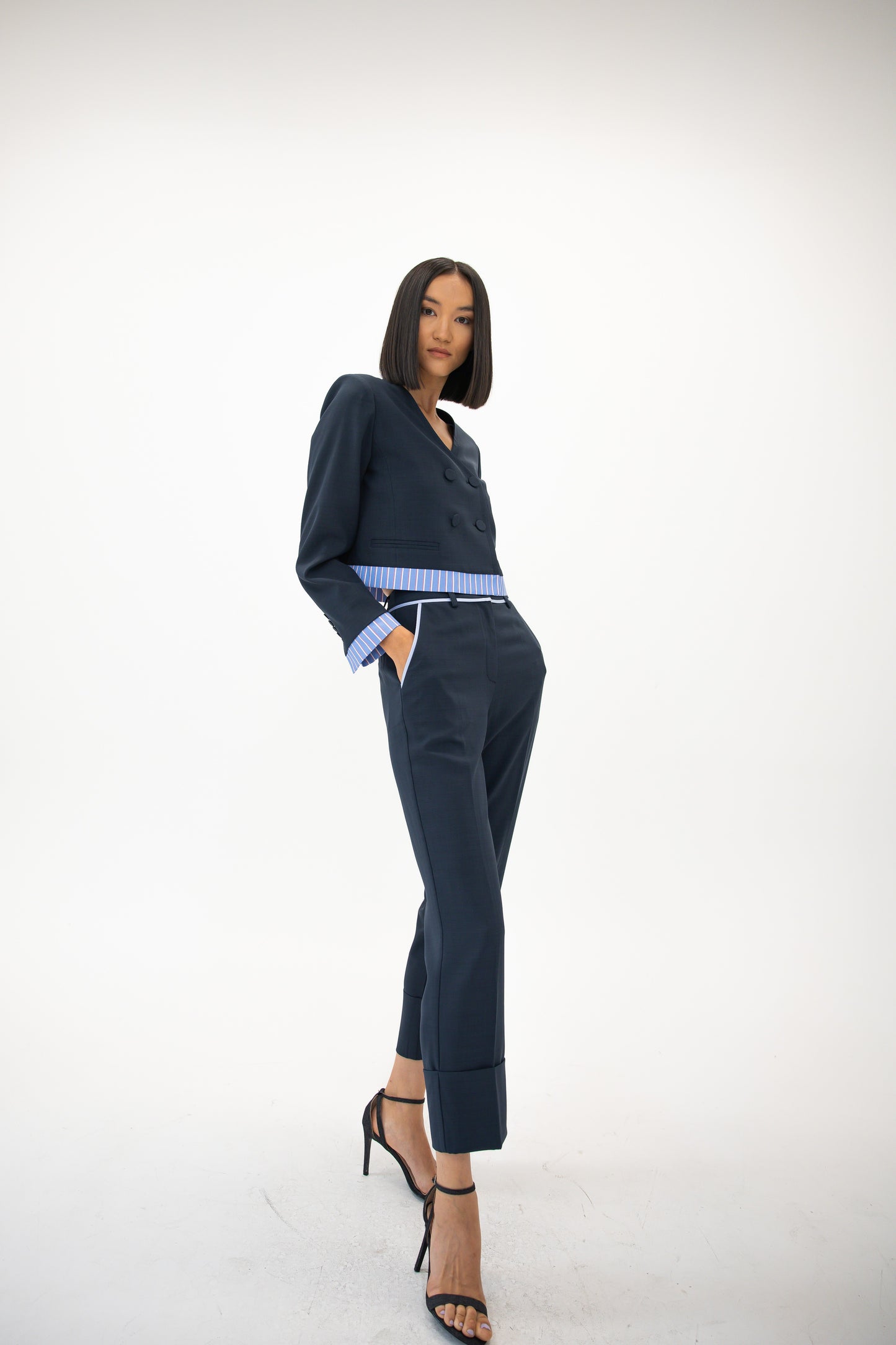 Double Breasted Collarless Blazer - Ink