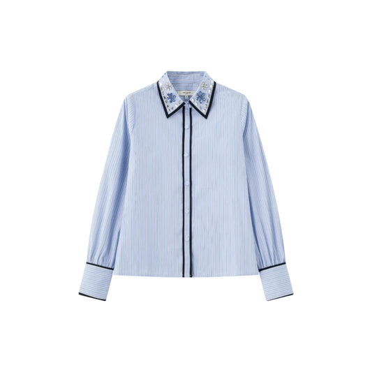 Stripe Shirt w/ Piping & Stones - Bankers Stripe In Blue
