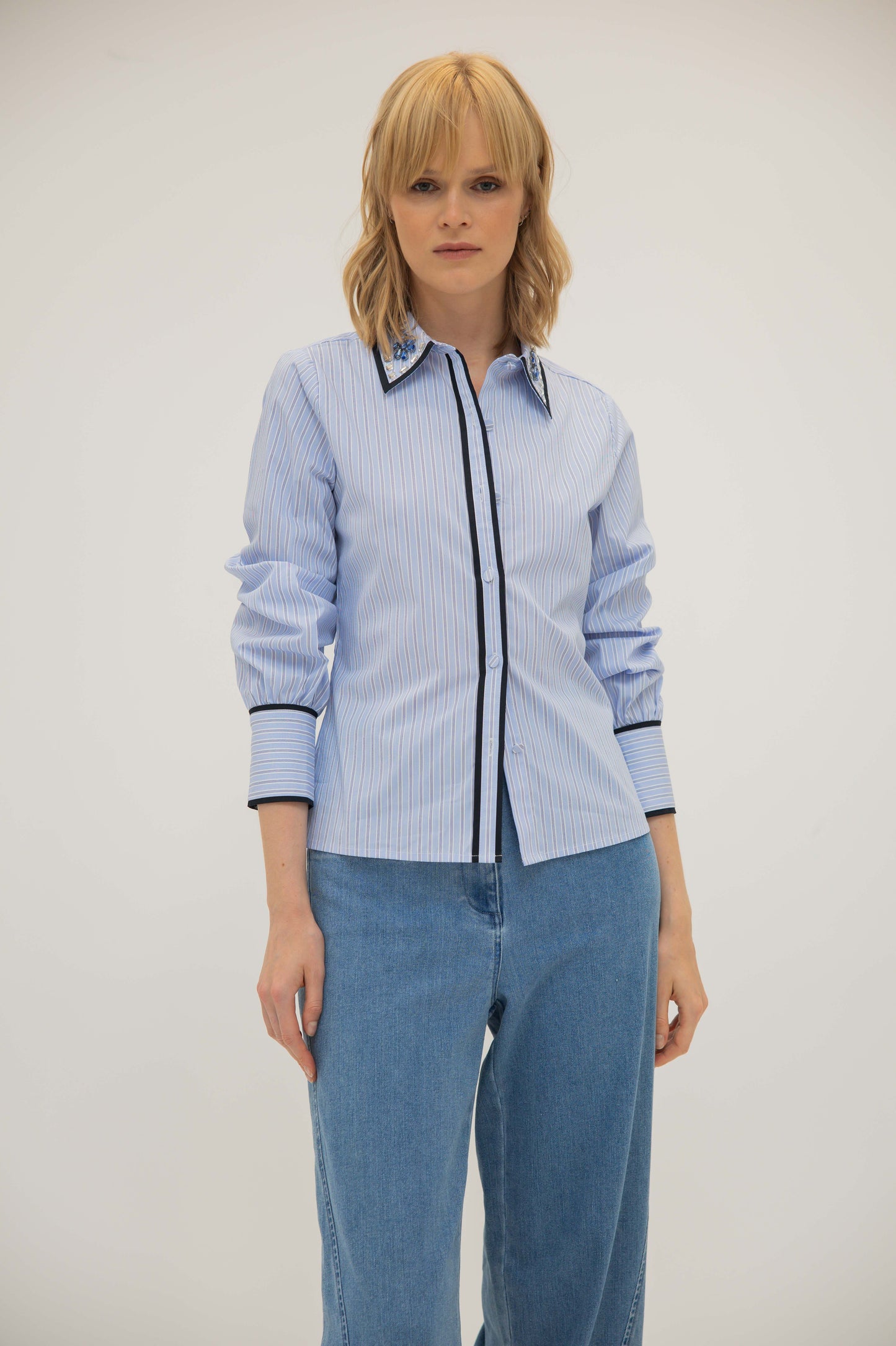 Stripe Shirt w/ Piping & Stones - Bankers Stripe In Blue