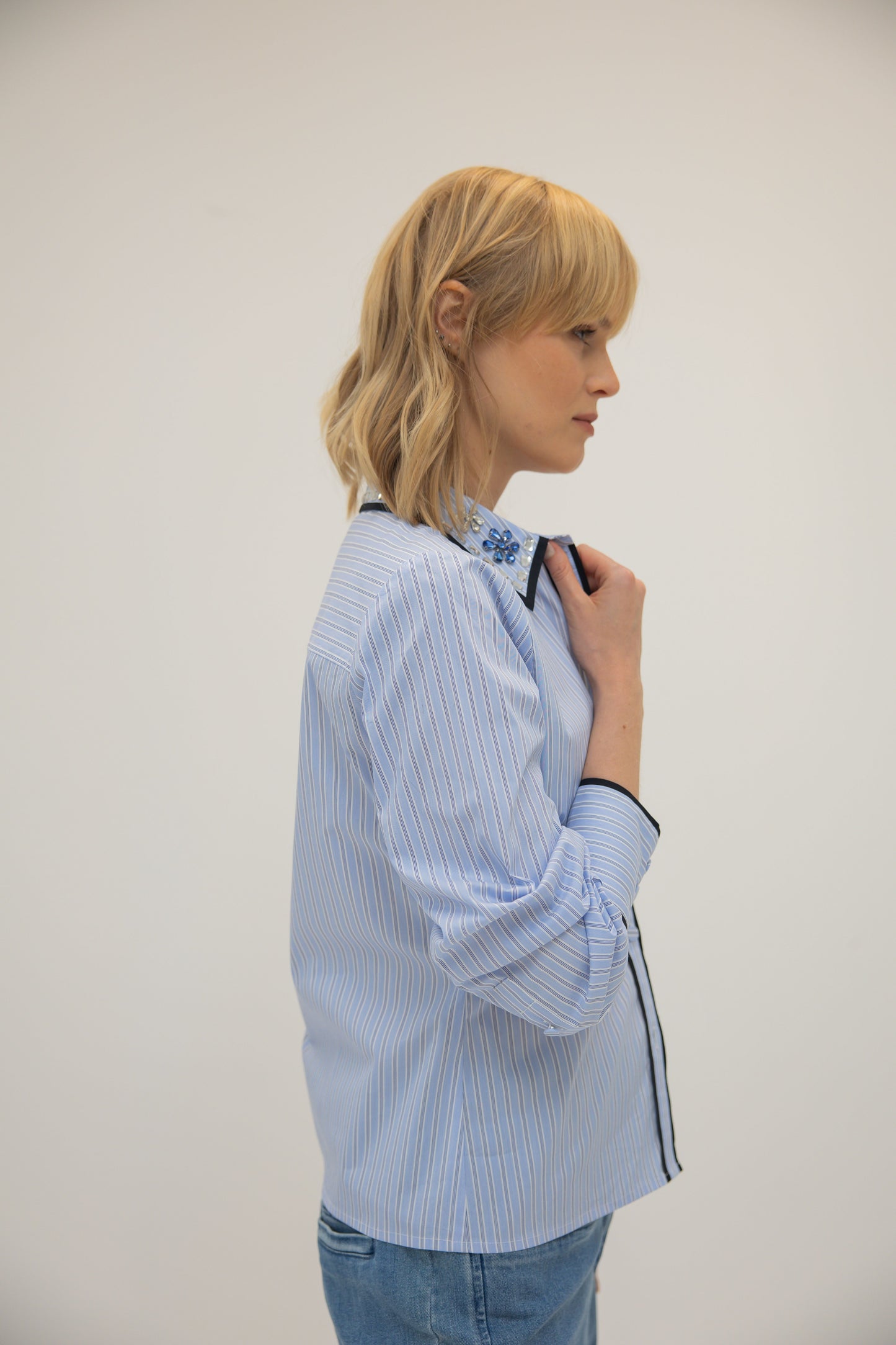 Stripe Shirt w/ Piping & Stones - Bankers Stripe In Blue