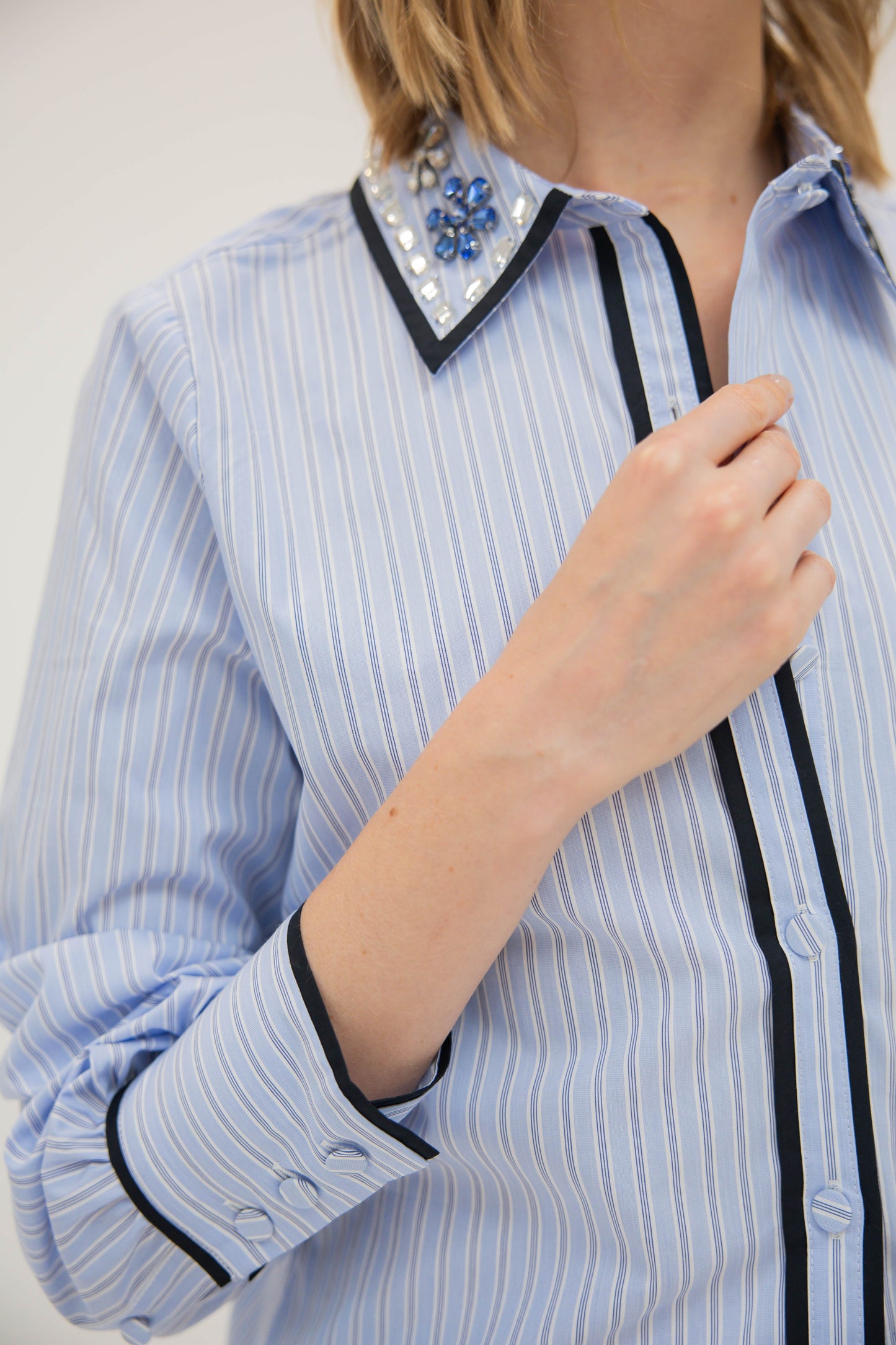 Stripe Shirt w/ Piping & Stones - Bankers Stripe In Blue