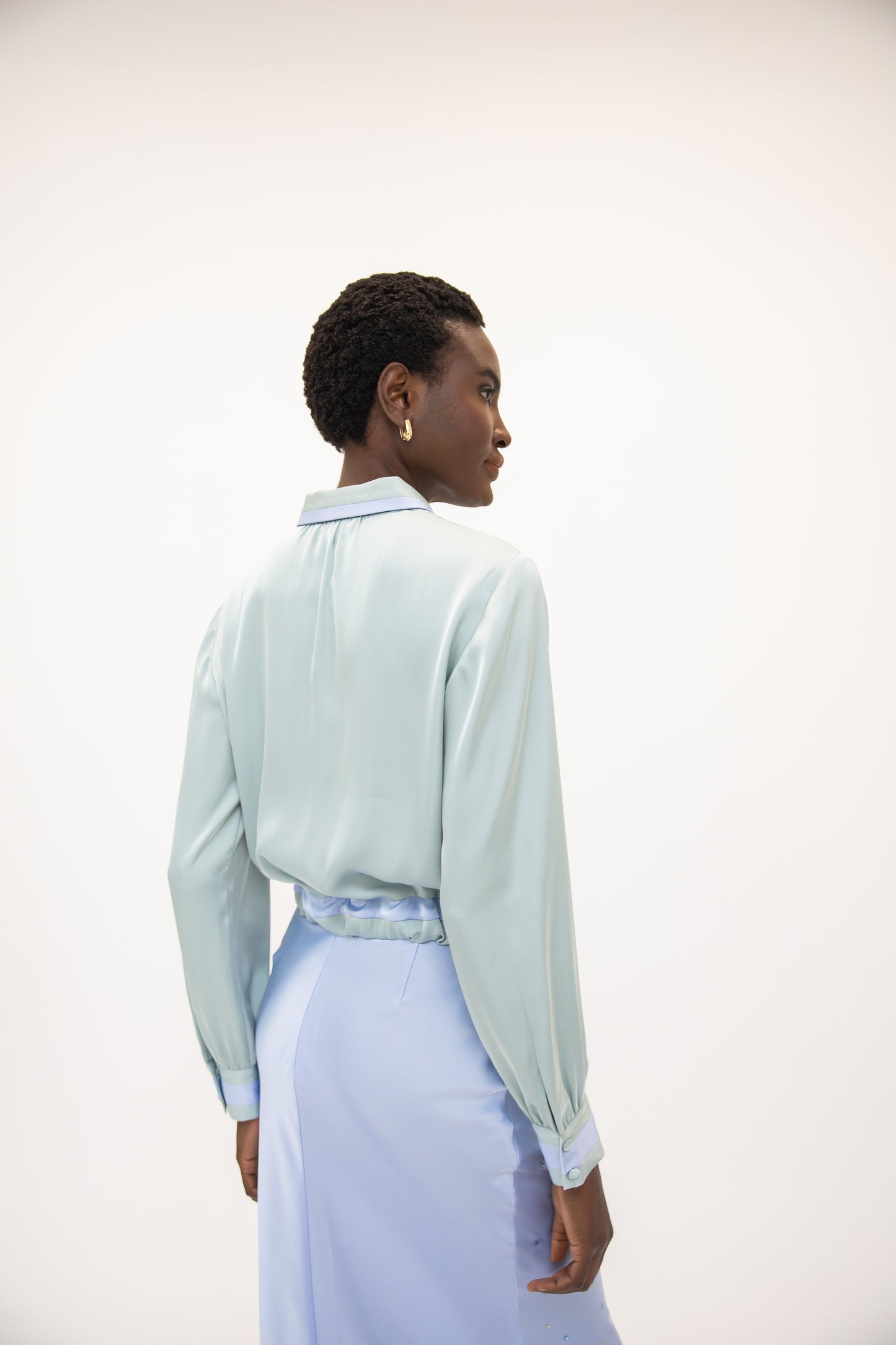 Contrast Tie Front Silky Blouse - Sea Glass