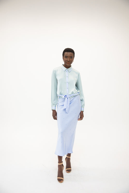 Contrast Tie Front Silky Blouse - Sea Glass