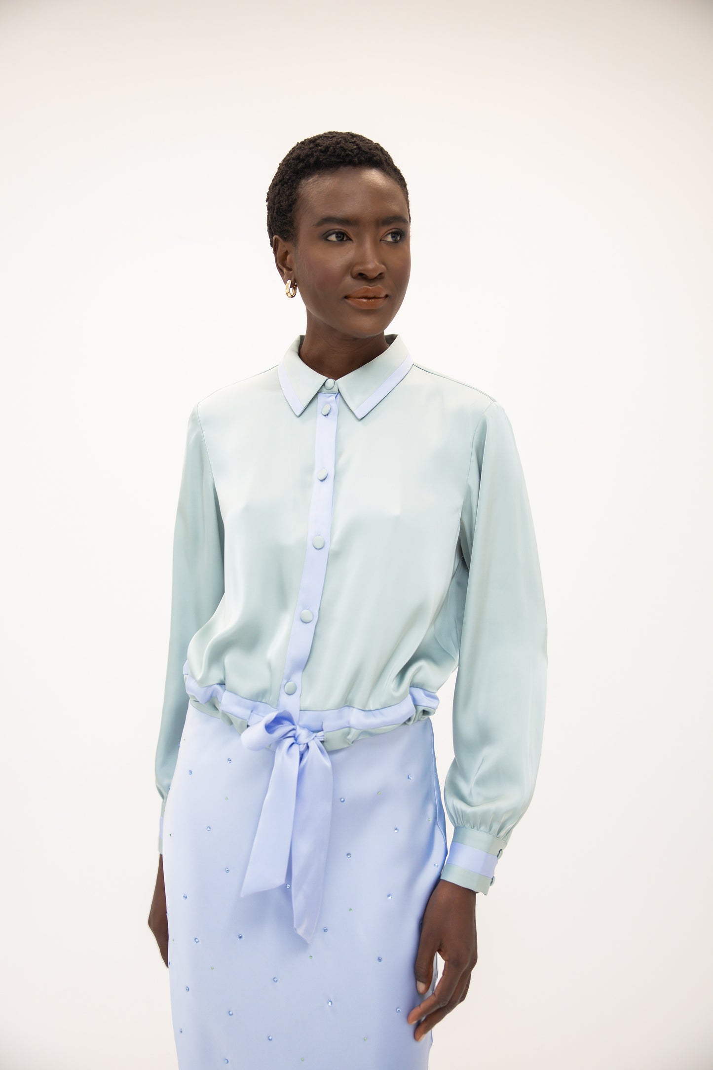 Contrast Tie Front Silky Blouse - Sea Glass