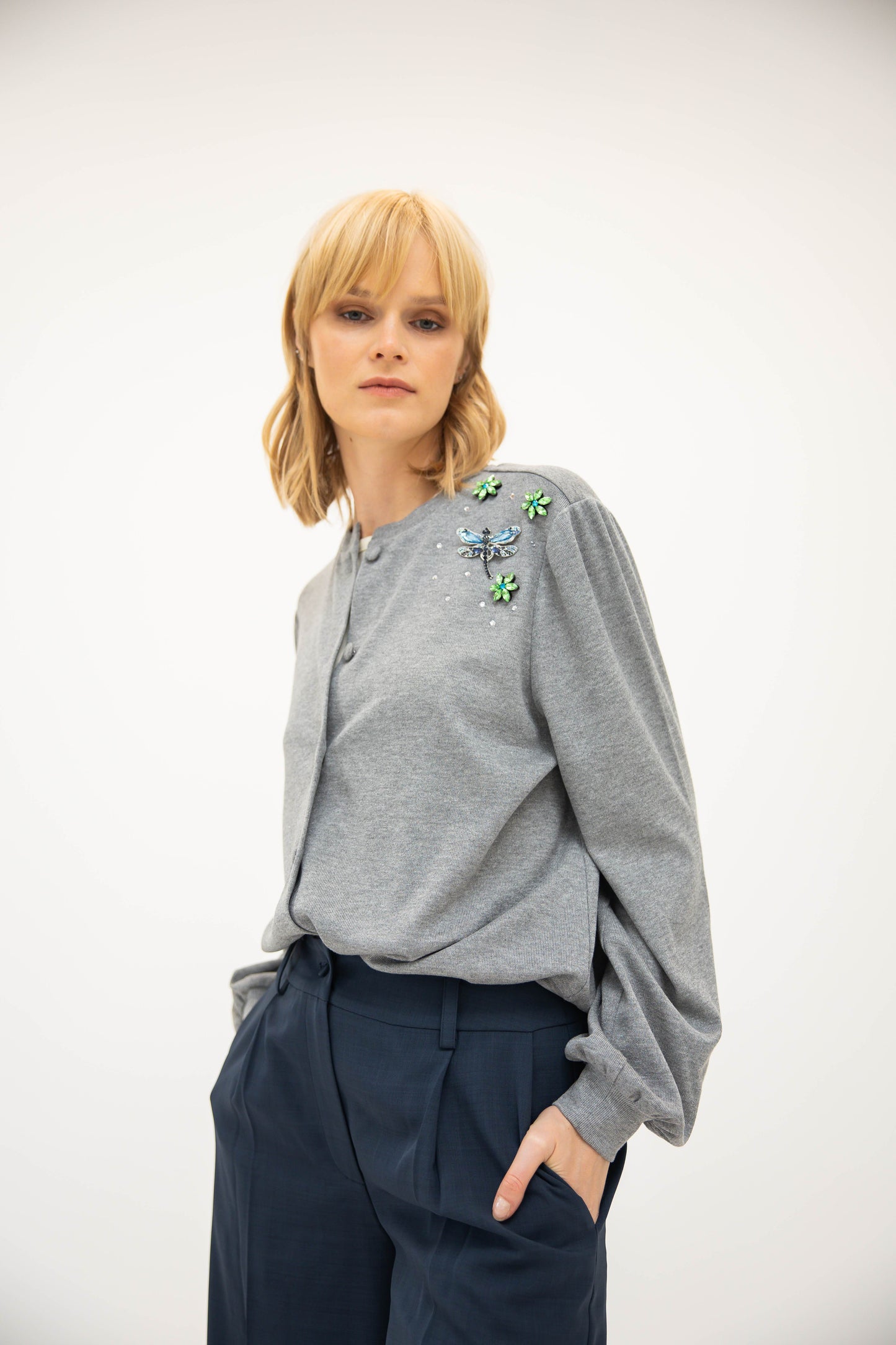 Balloon Sleeve Cardigan - Heather Grey