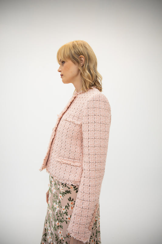 Raw Edge Collarless Jacket Tweed - Tea Rose
