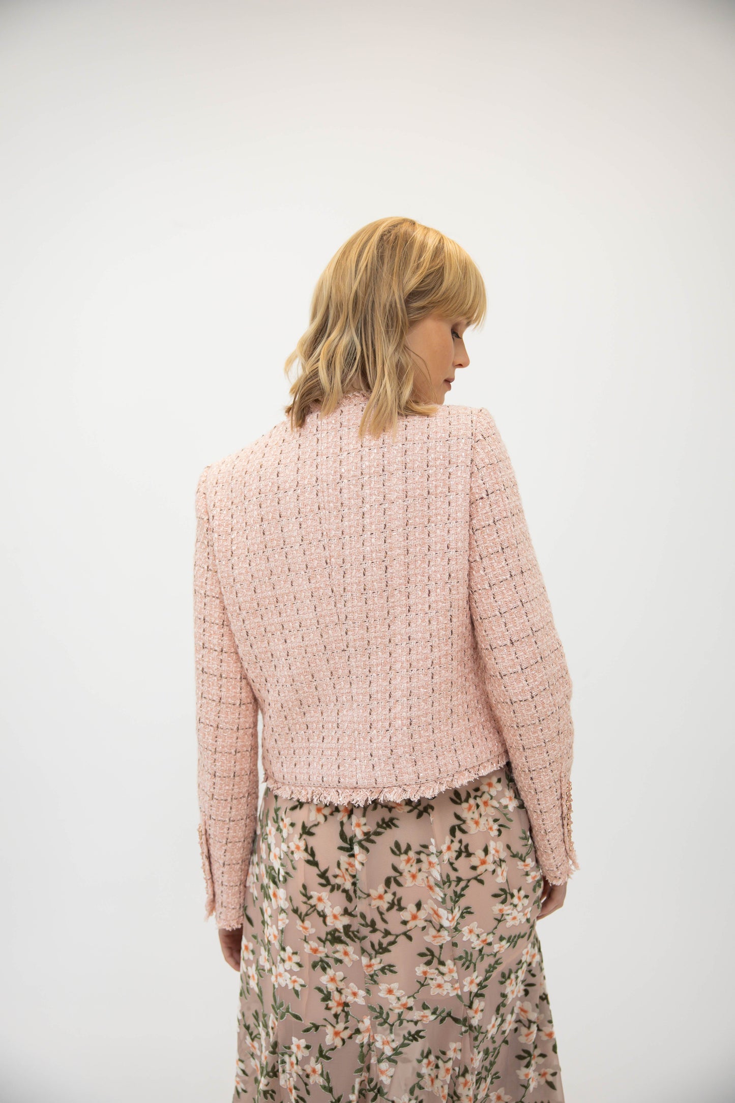 Raw Edge Collarless Jacket Tweed - Tea Rose