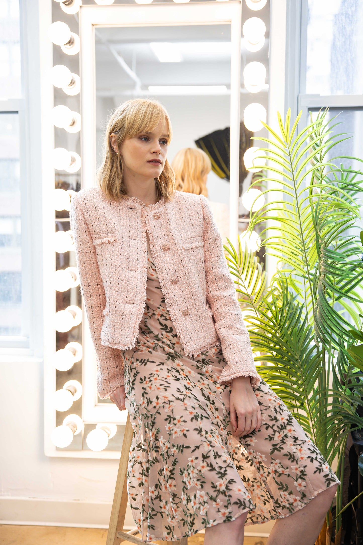 Raw Edge Collarless Jacket Tweed - Tea Rose
