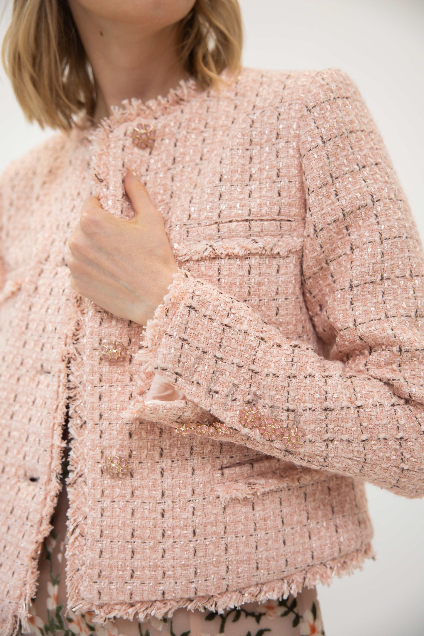 Raw Edge Collarless Jacket Tweed - Tea Rose