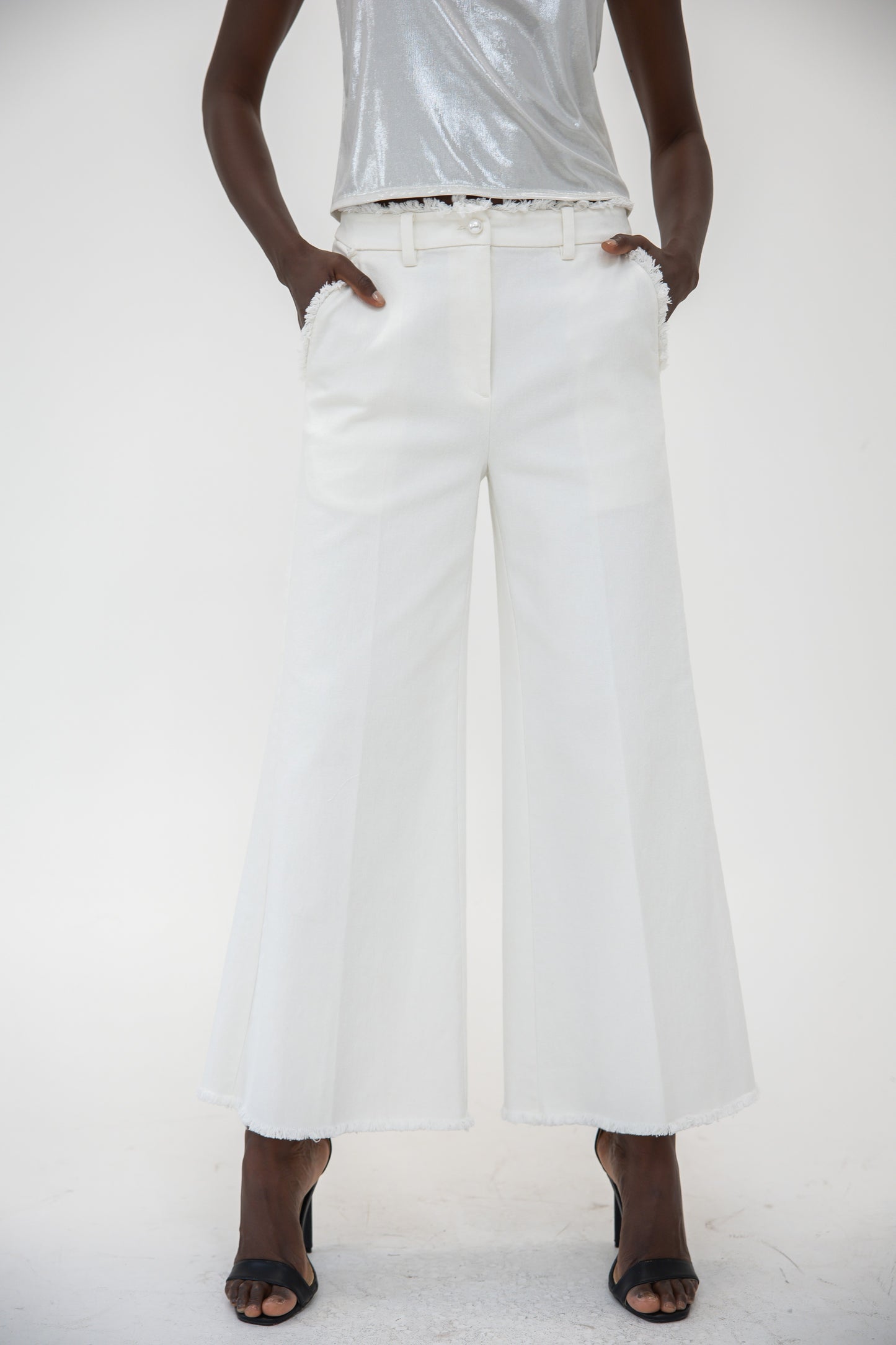 Raw Edge Wide Leg Trousers - White Denim