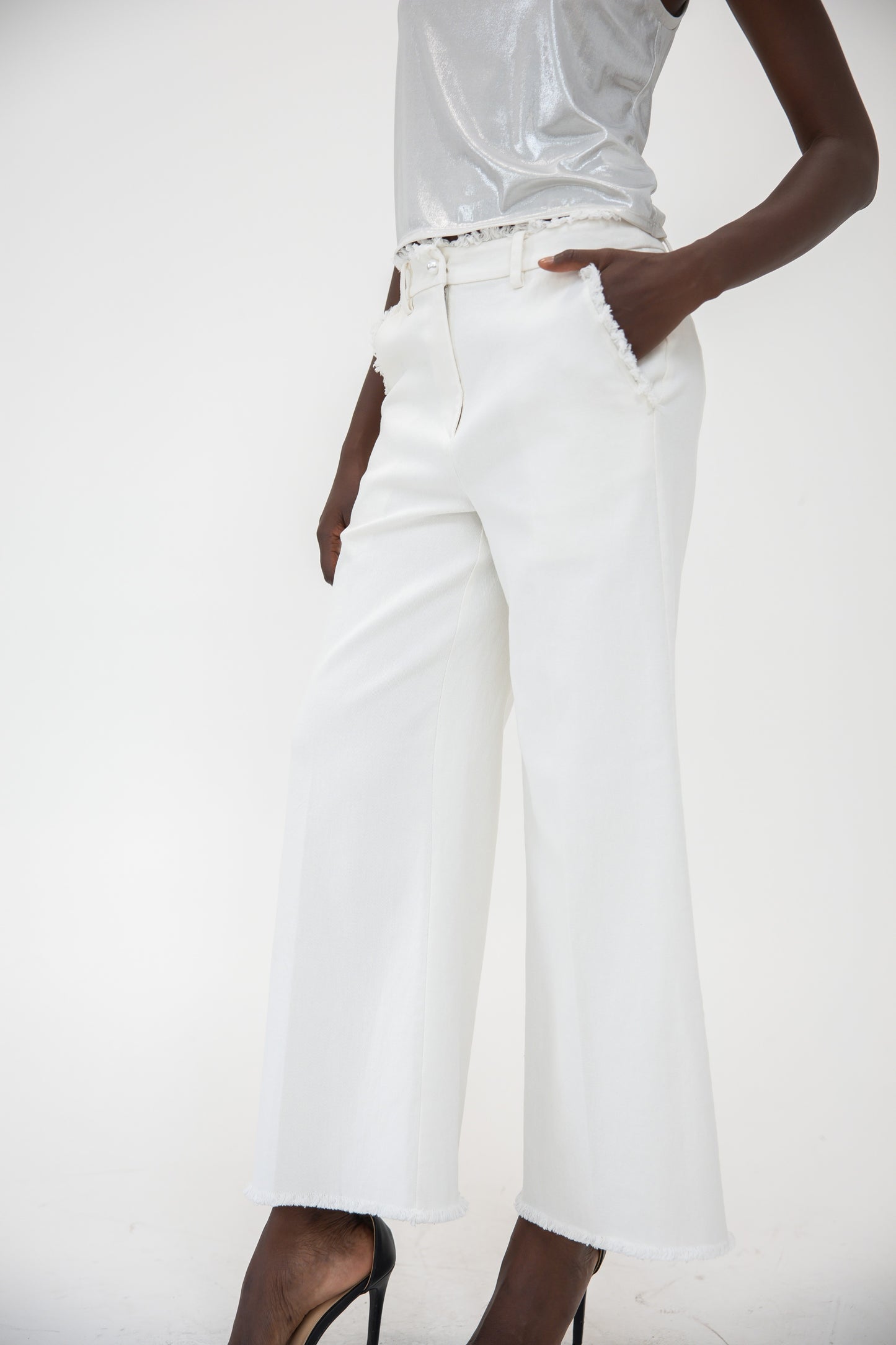 Raw Edge Wide Leg Trousers - White Denim