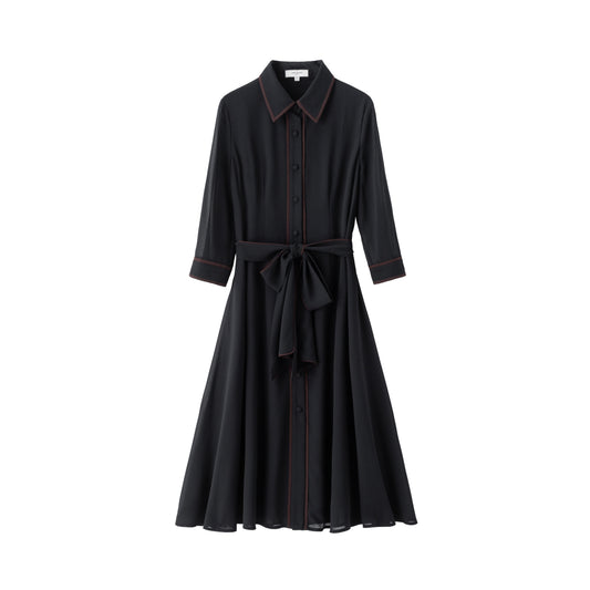 Margaret Chiffon Dress - Black w/Chocolate Piping