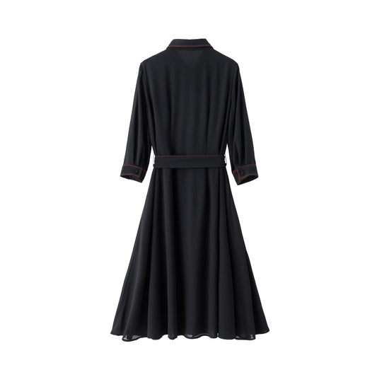Margaret Chiffon Dress - Black w/Chocolate Piping