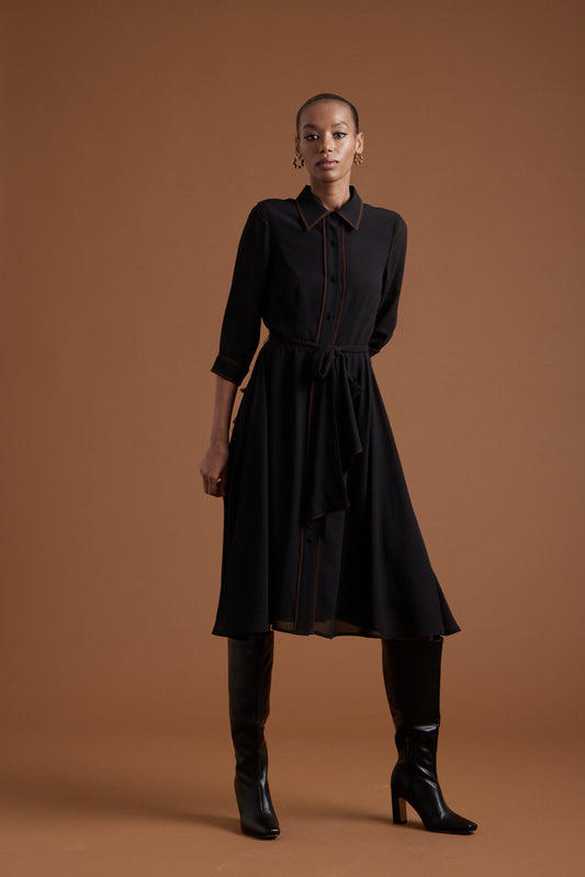 Margaret Chiffon Dress - Black w/Chocolate Piping