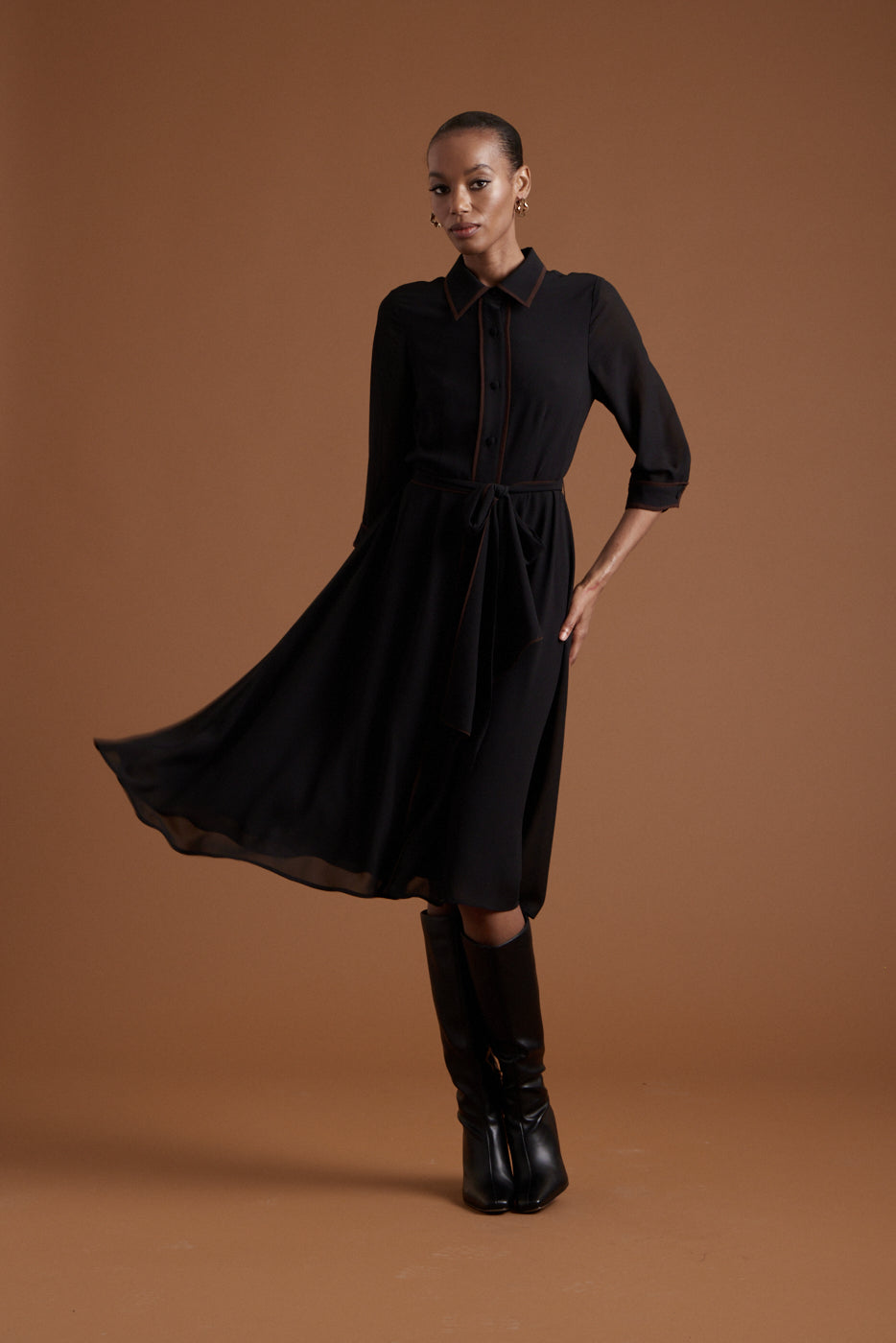 Margaret Chiffon Dress - Black w/Chocolate Piping