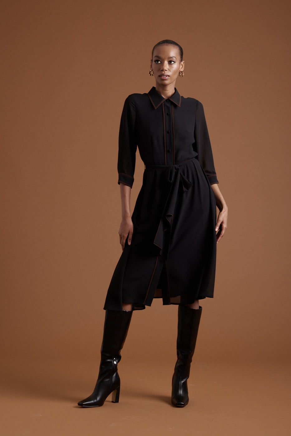 Margaret Chiffon Dress - Black w/Chocolate Piping