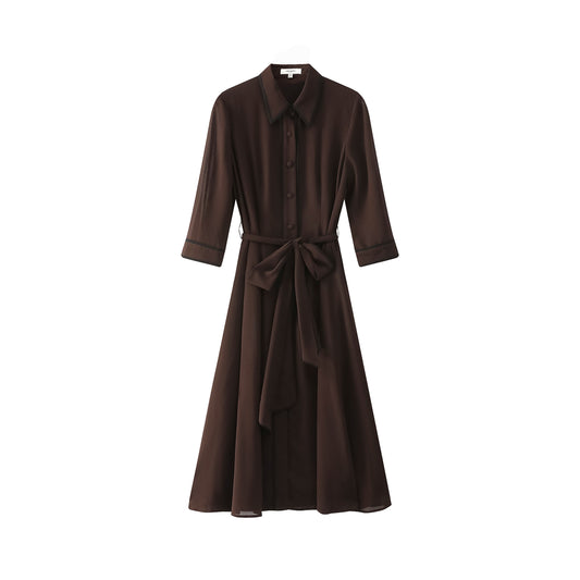 Margaret Chiffon Dress - Chocolate w/ Black Piping