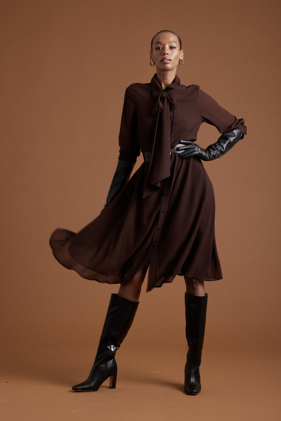 Margaret Chiffon Dress - Chocolate w/ Black Piping