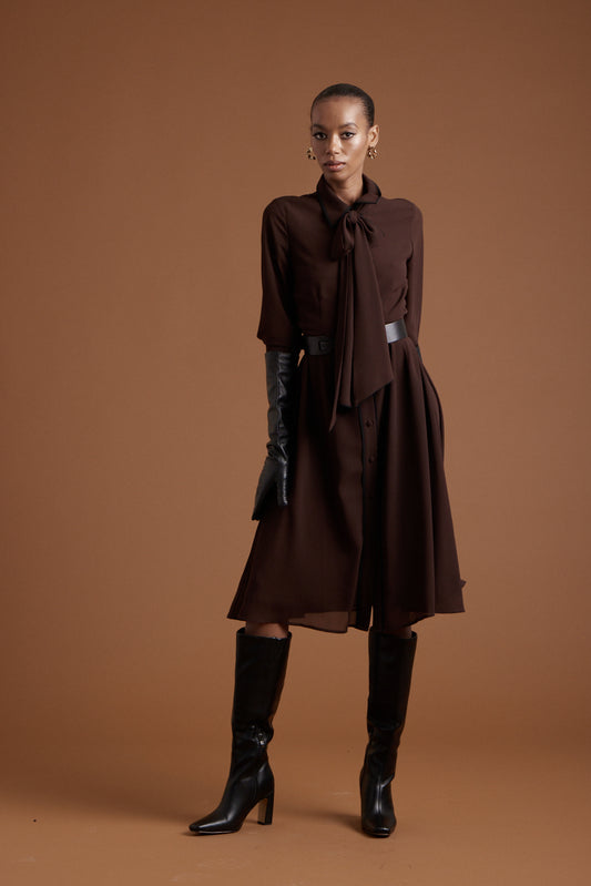 Margaret Chiffon Dress - Chocolate w/ Black Piping