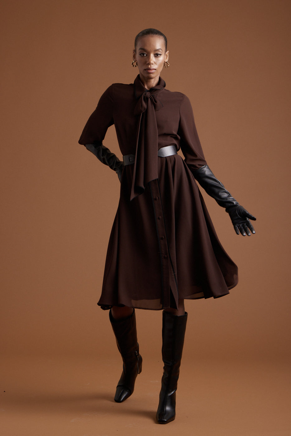 Margaret Chiffon Dress - Chocolate w/ Black Piping