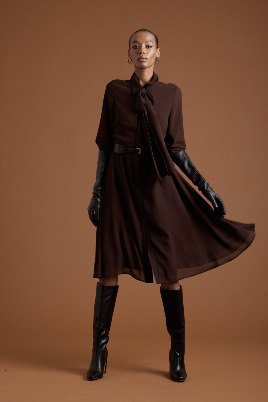 Margaret Chiffon Dress - Chocolate w/ Black Piping