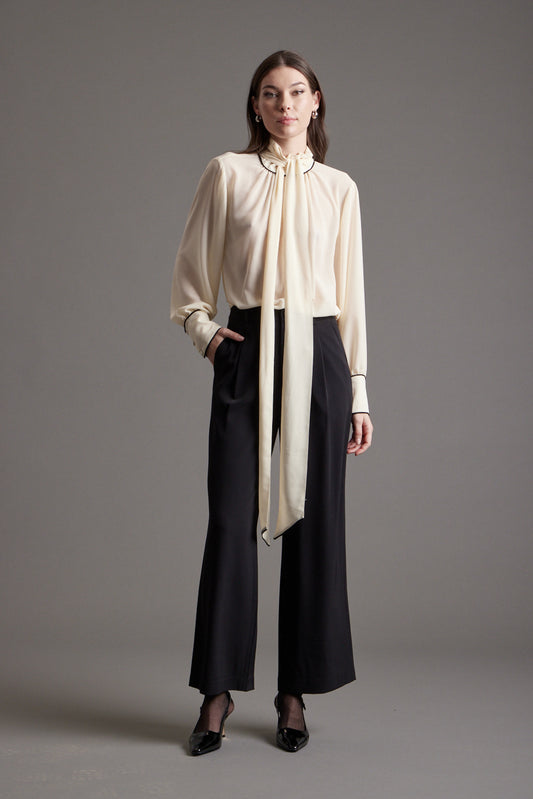 Gabriella Blouse - Ivory w/Black Piping