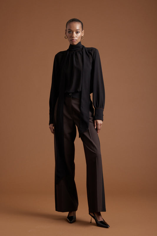Gabriella Blouse - Black w/ Chocolate Piping